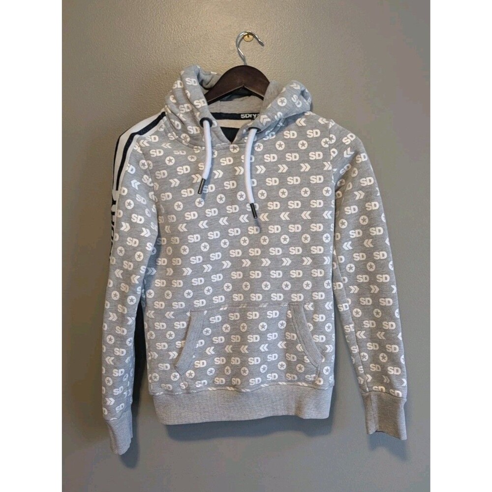 Superdry Womens XXS Size 2 Gray Monogram Hoodie All Over Print Logo Pullover